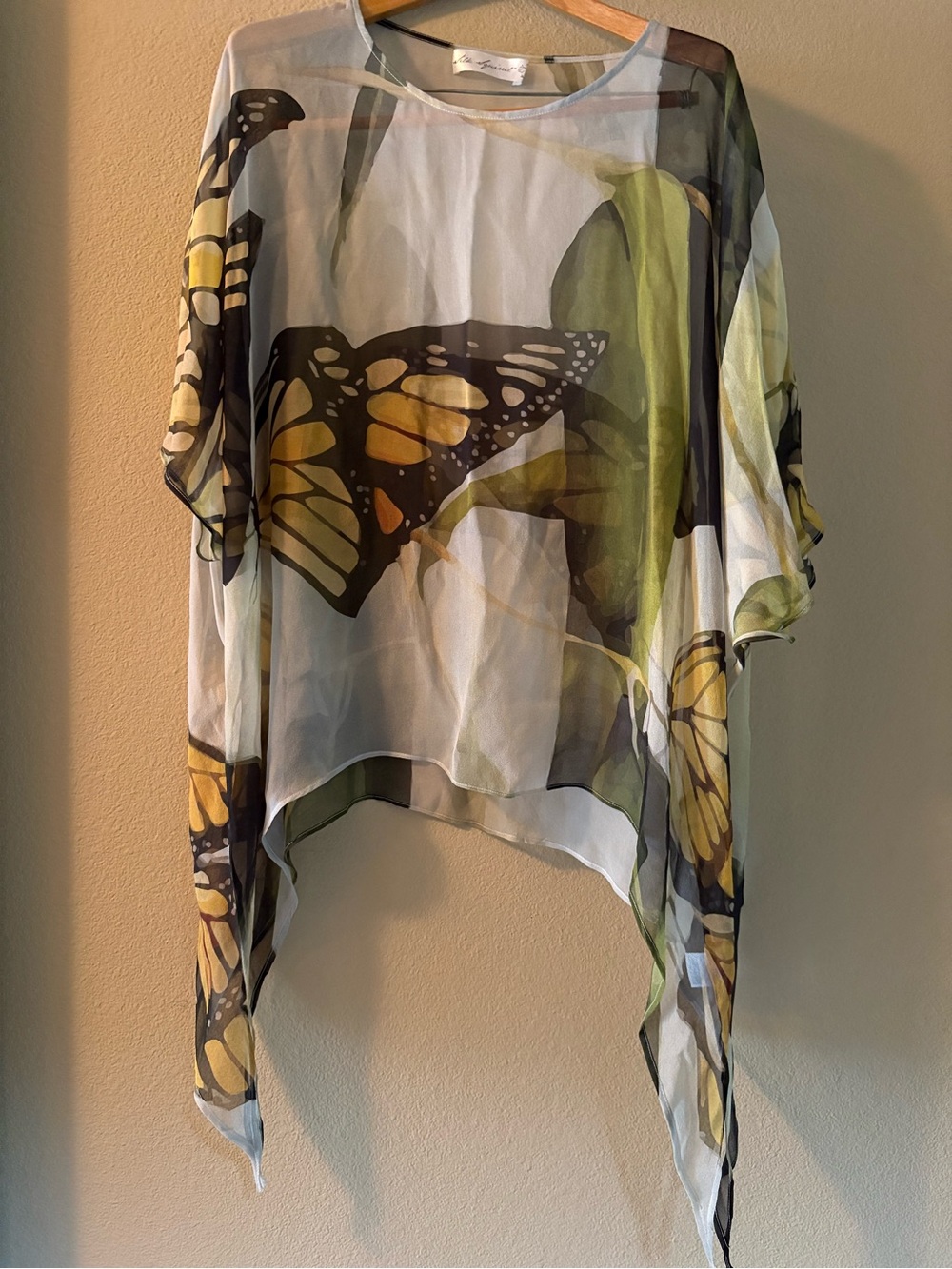 Silk Squirrel Butterfly Print Tunic Top - Yellow Green.  Coverup no size-one six